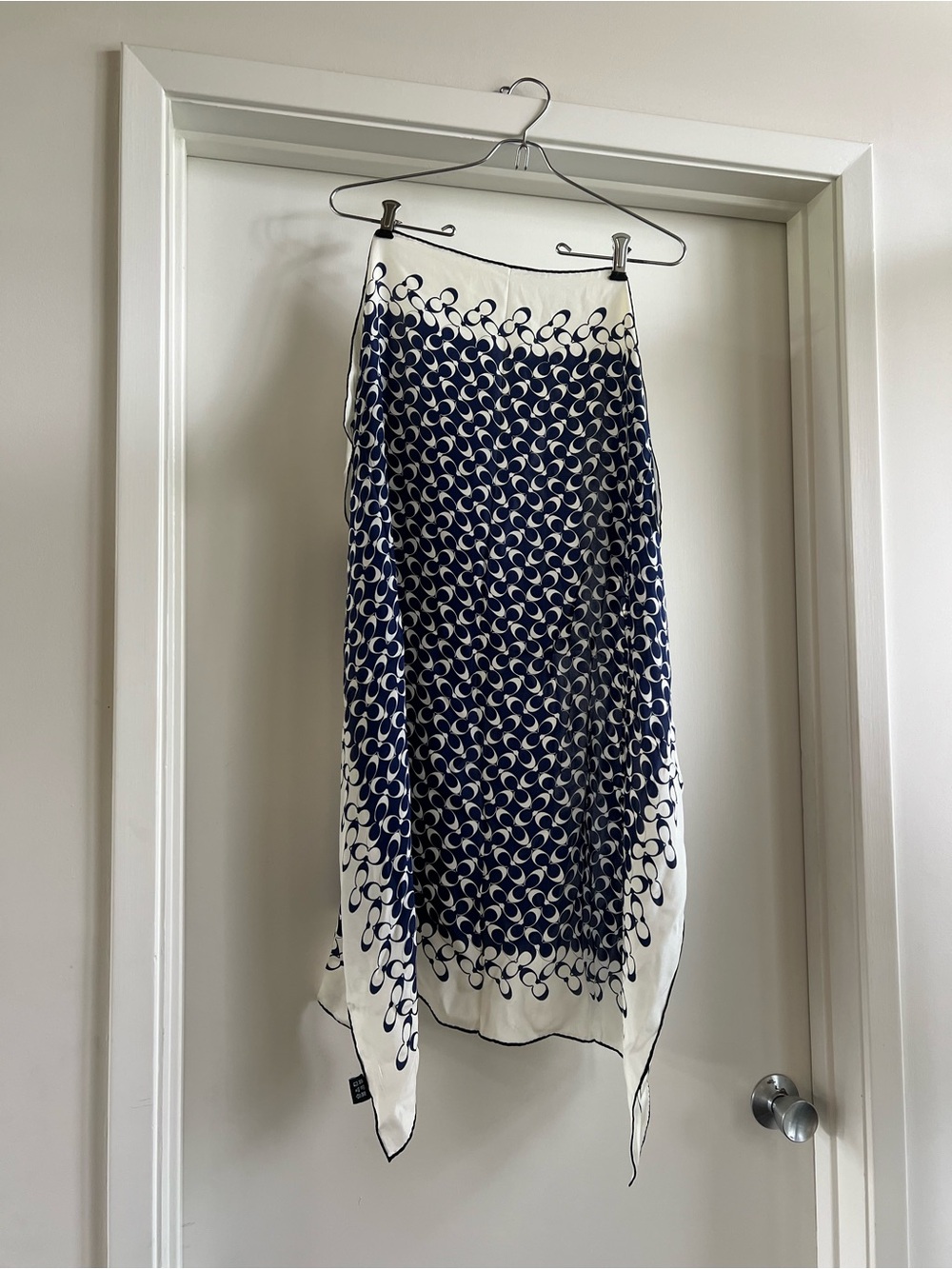 Coach White and Navy Silk Scarf with Linked Pattern